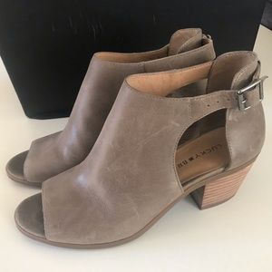 Lucky Brand ankle boots with peak-a-boo toe, taupe